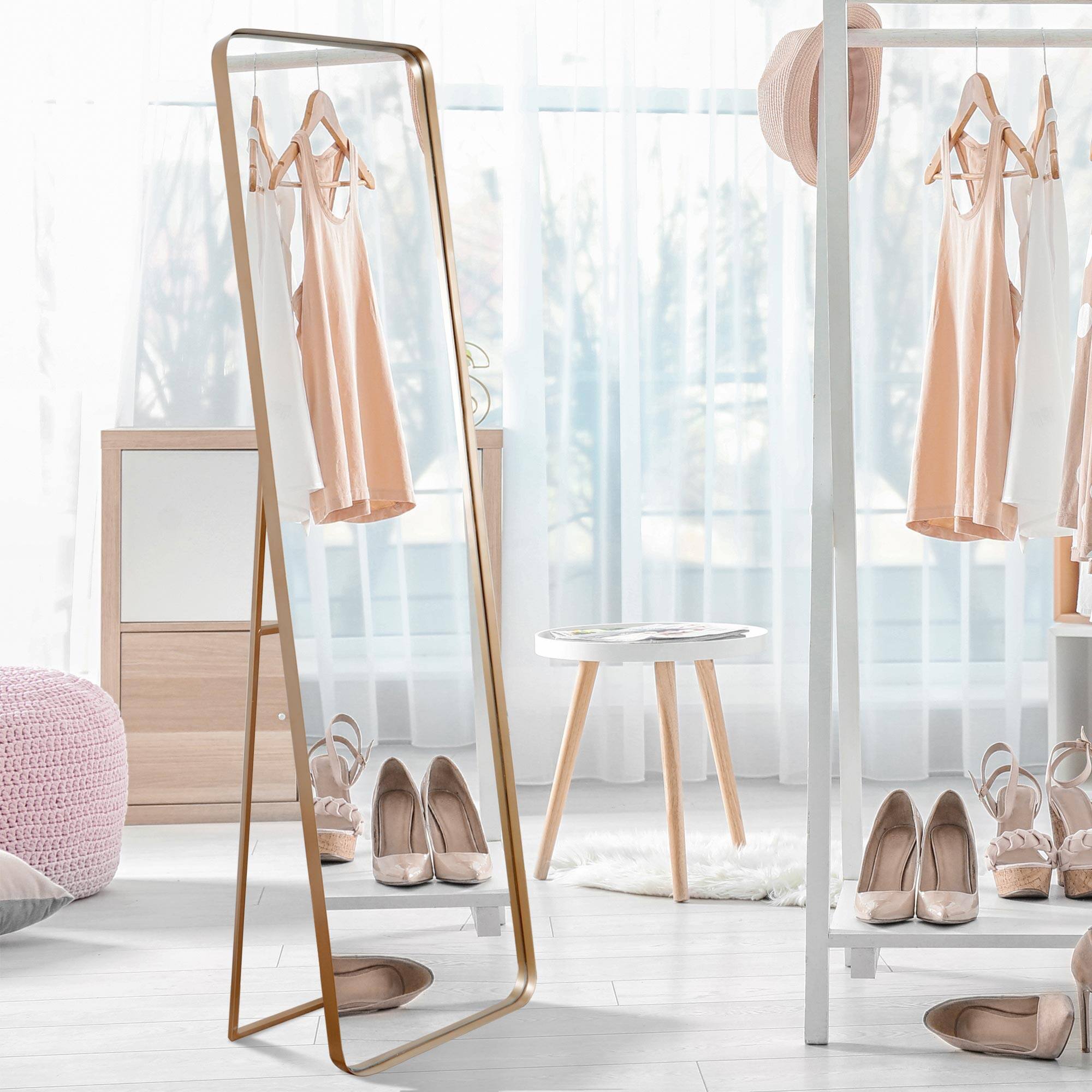 Gold Steel Freestanding Full Length Floor Mirror with Easel, 16" x 63"